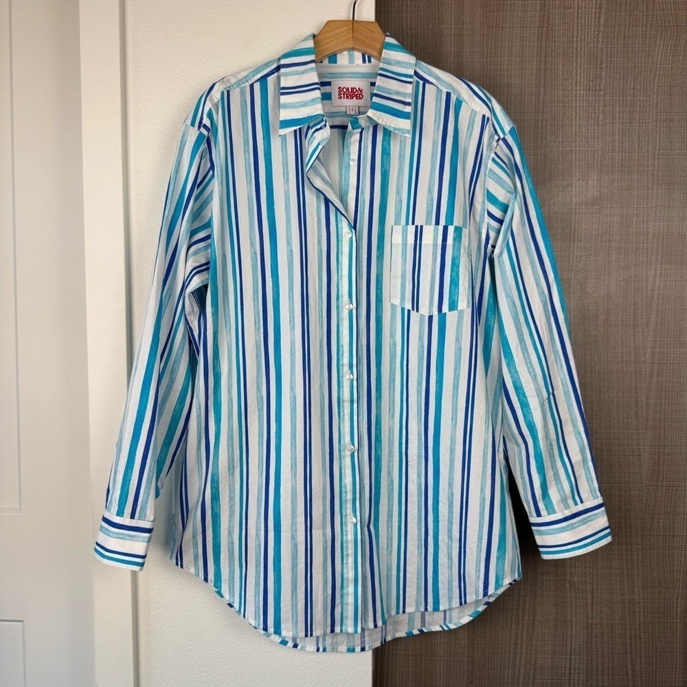 SOLID & STRIPED Mixed Blue Striped Button Down Shirt Oversized Size Small‎ - Picture 3 of 12